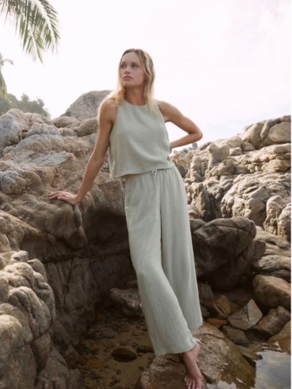 NWT Z Supply Gauze Matching Set | Wide Leg Pants + Tank | Pale Jade | XS